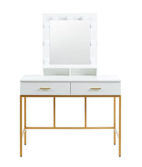 Elegancka toaletka biała 100cm, lustro LED, złoty stelaż