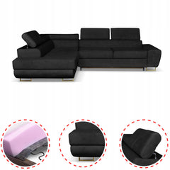 Narożnik Bosso lewy, rozkładany, welur czarny, regulowane zagłówki