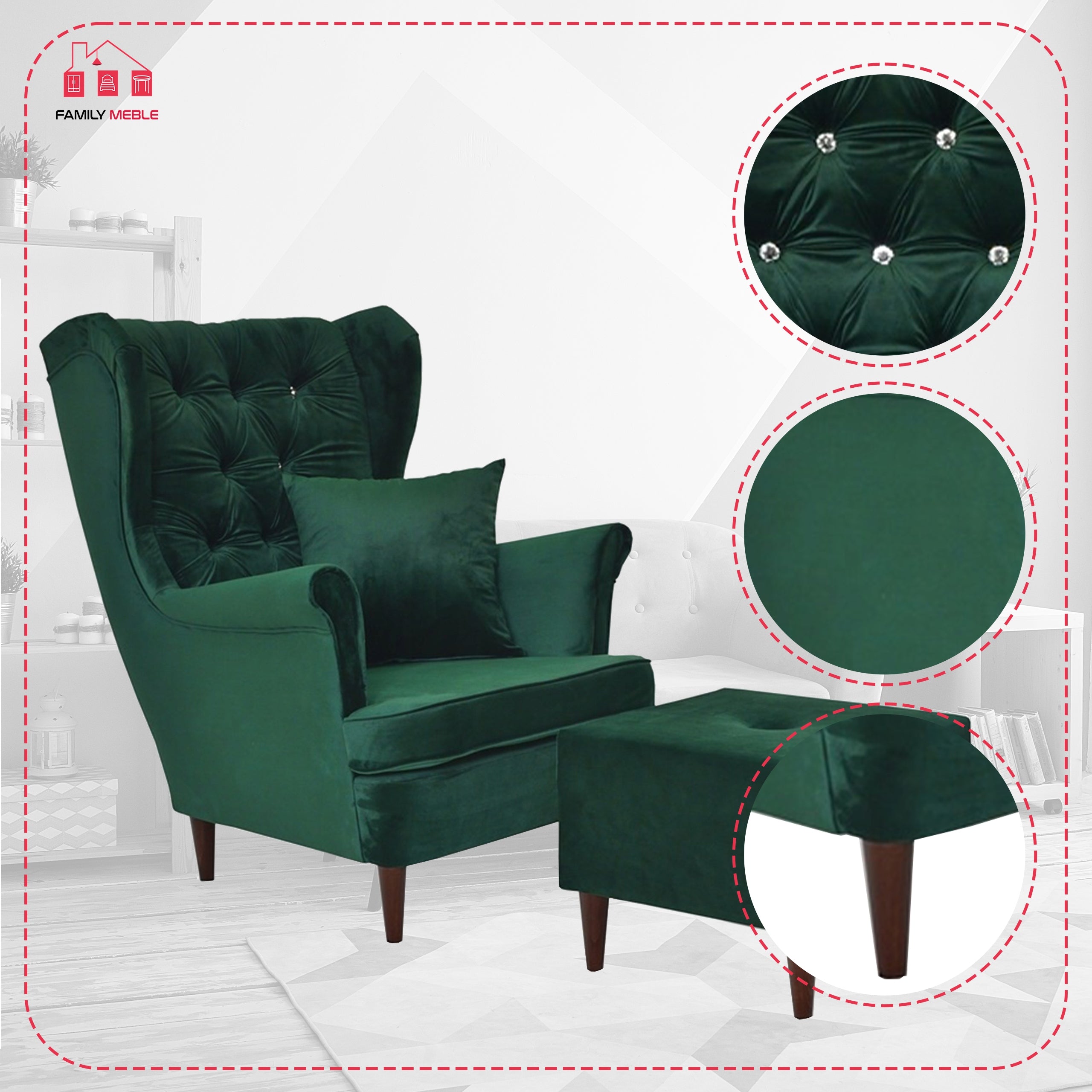 Fotel Uszak Gaja z podnóżkiem, skandynawski Family Meble