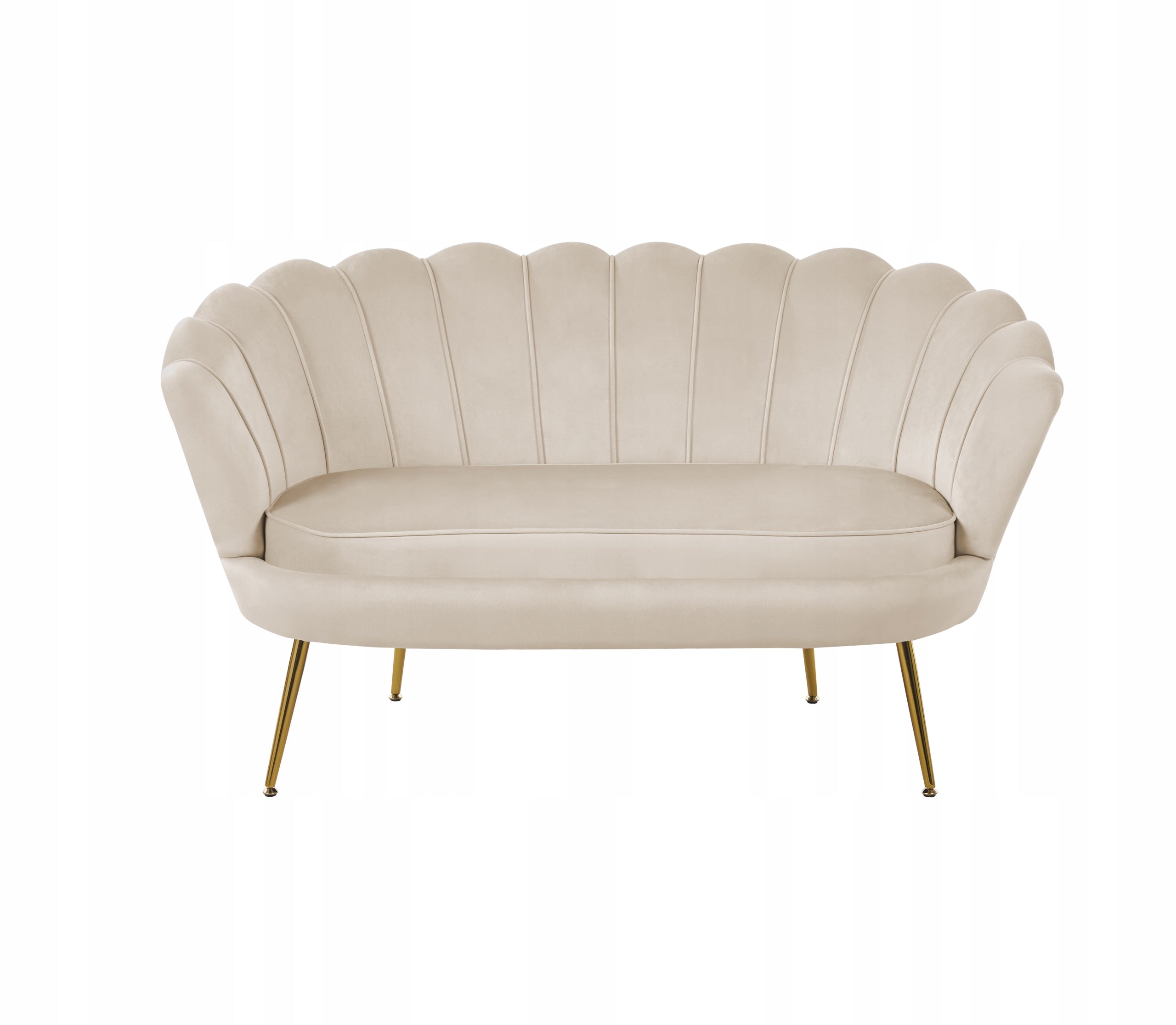 Beżowa Welurowa Sofa Dwuosobowa W Formie Muszelki Furnitex Glamour Złote Nogi Do Salonu