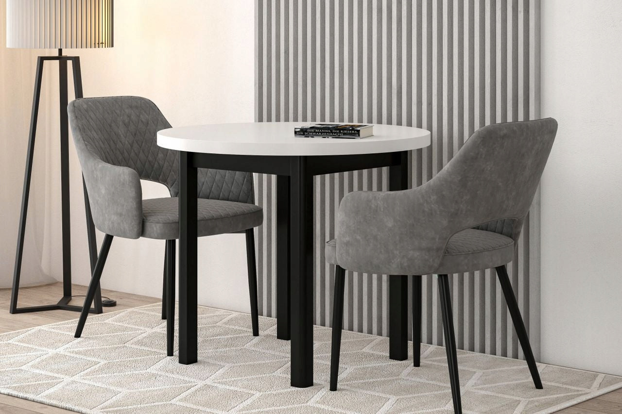 Drewniany Stół Okrągły Biały Średnica 90 cm Furnitex Z Czarnymi Nogami Do Salonu