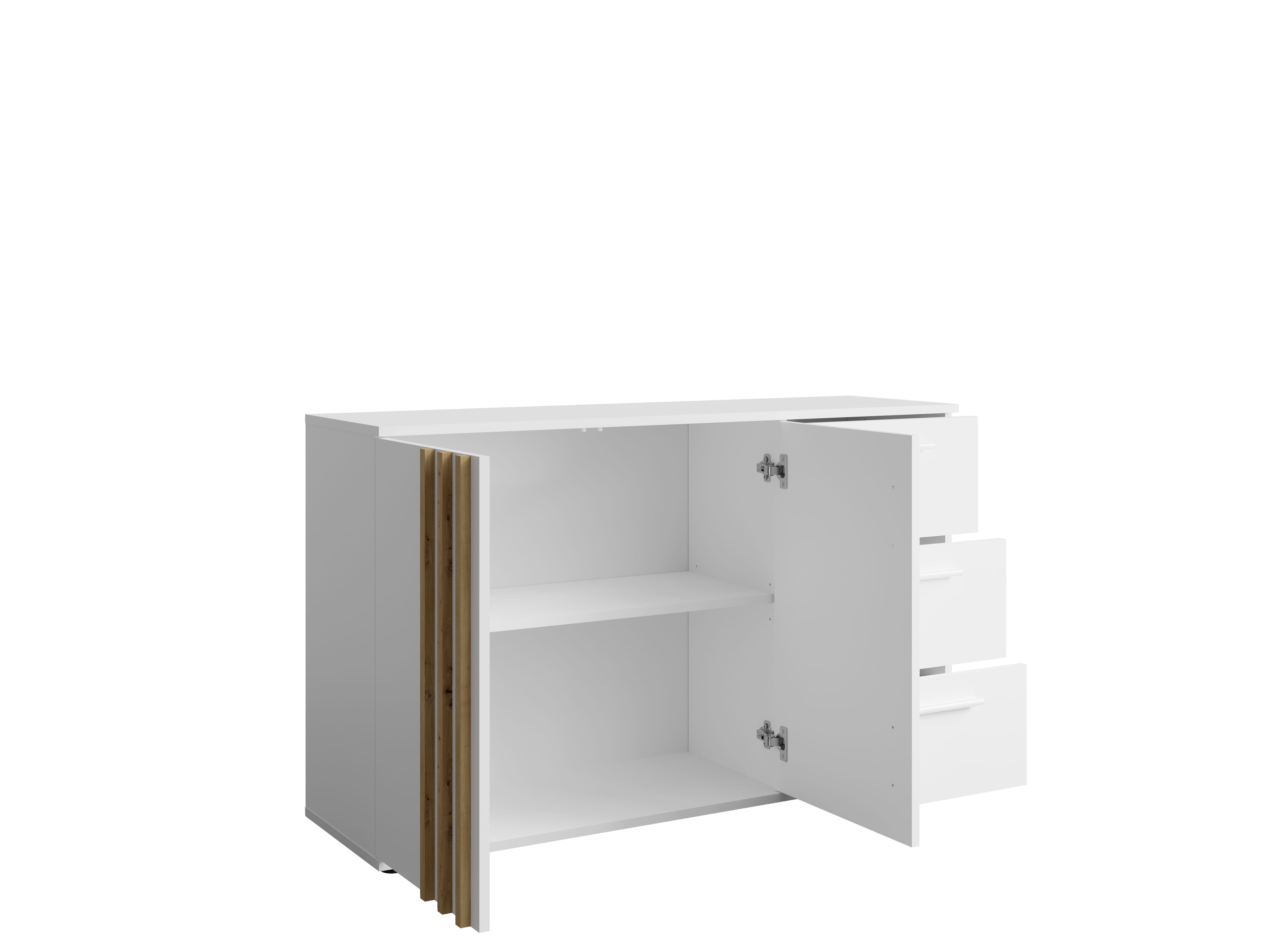 Komoda NOVA 120 cm z lamelami i trzema szufladami- Biały / Dąb Artisan