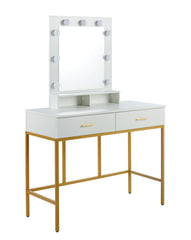 Elegancka toaletka biała 100cm, lustro LED, złoty stelaż