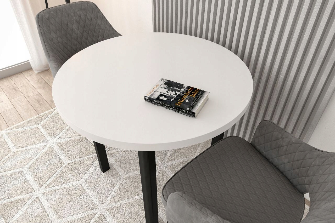 Drewniany Stół Okrągły Biały Średnica 90 cm Furnitex Z Czarnymi Nogami Do Salonu