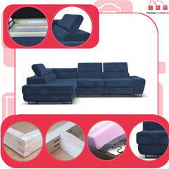 Narożnik Savio Lewy Granat Sztruks, rozkładany z regulacją zagłówków