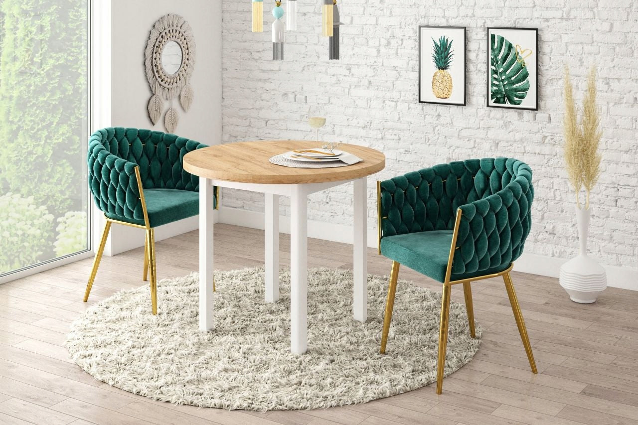 Furnitex Drewniany Okrągły Stół Jasny Dąb Złoty Z Białymi Nogami Do Jadalni Średnica 80 cm