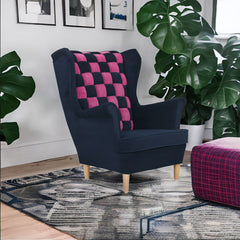 Fotel Uszak Carol Duo Family Meble Skandynawski Granatowo-Różowe Paski