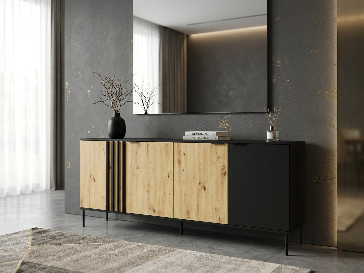 Komoda LUMINA 220 cm - Czarny Onyx / Dąb Artisan